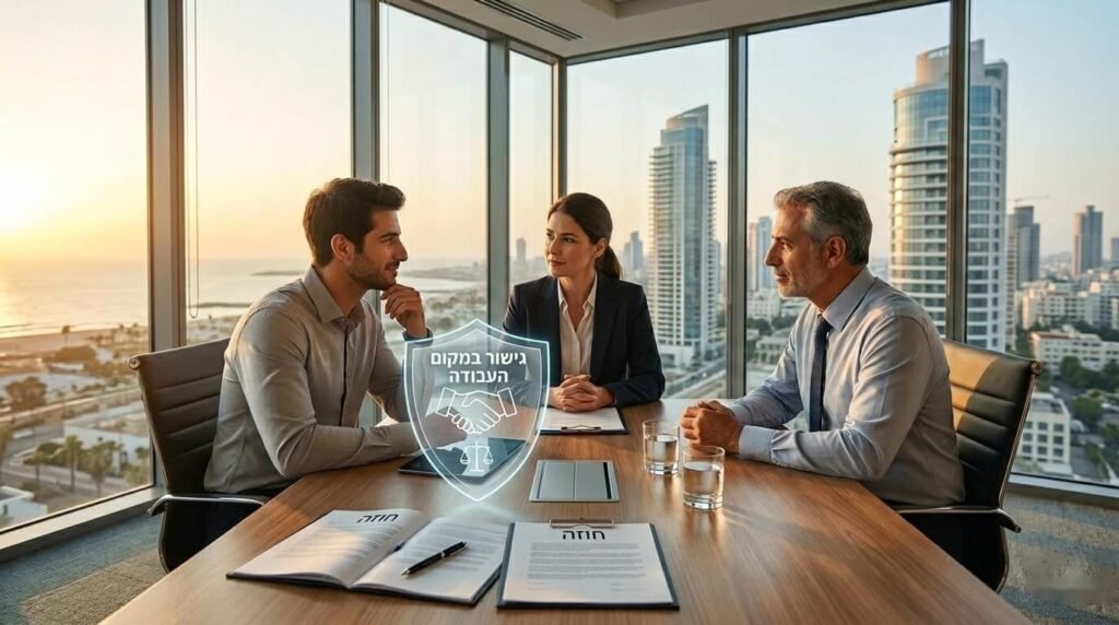 ישיבת גישור מקצועית בחדר ישיבות מודרני המעסיק והעובד משוחחים ברוגע עם מגשרת ניטרלית כדי לפתור סכסוך עבודה ולשמור על המוניטין המקצועי.