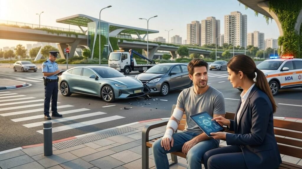 בחור עם תחבושת משוחח עם עורכת דין לגבי תאונת הדרכים