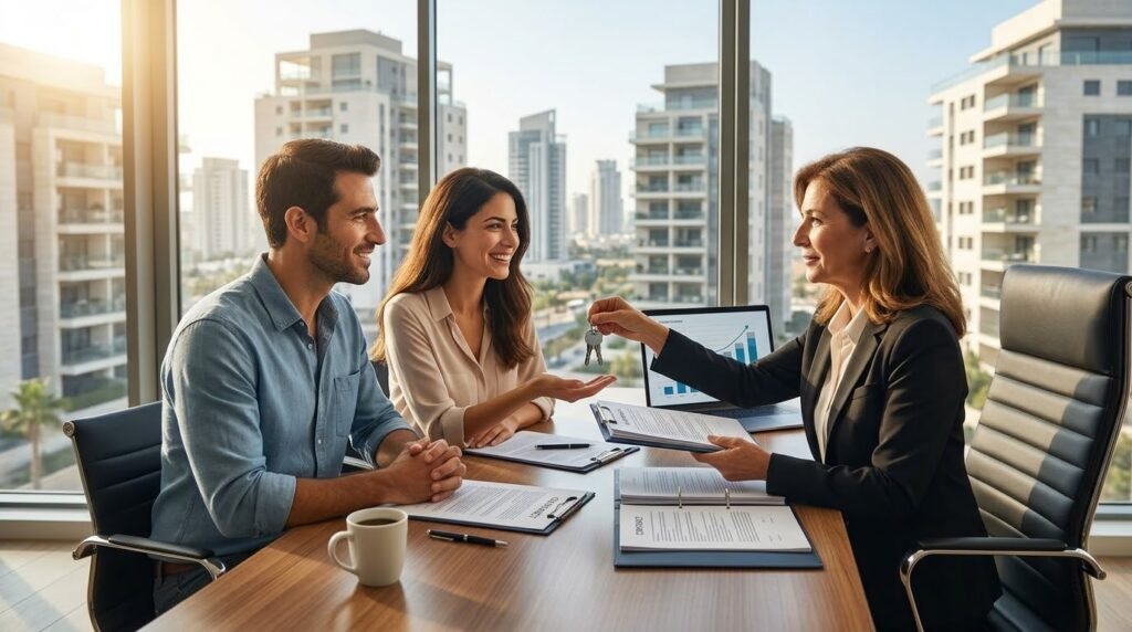 זוג מחייך מקבל מפתח לעורך דין או נציג נדל"ן במשרד מודרני מול חלון פנורמי עם בנייני דירות חדשים.