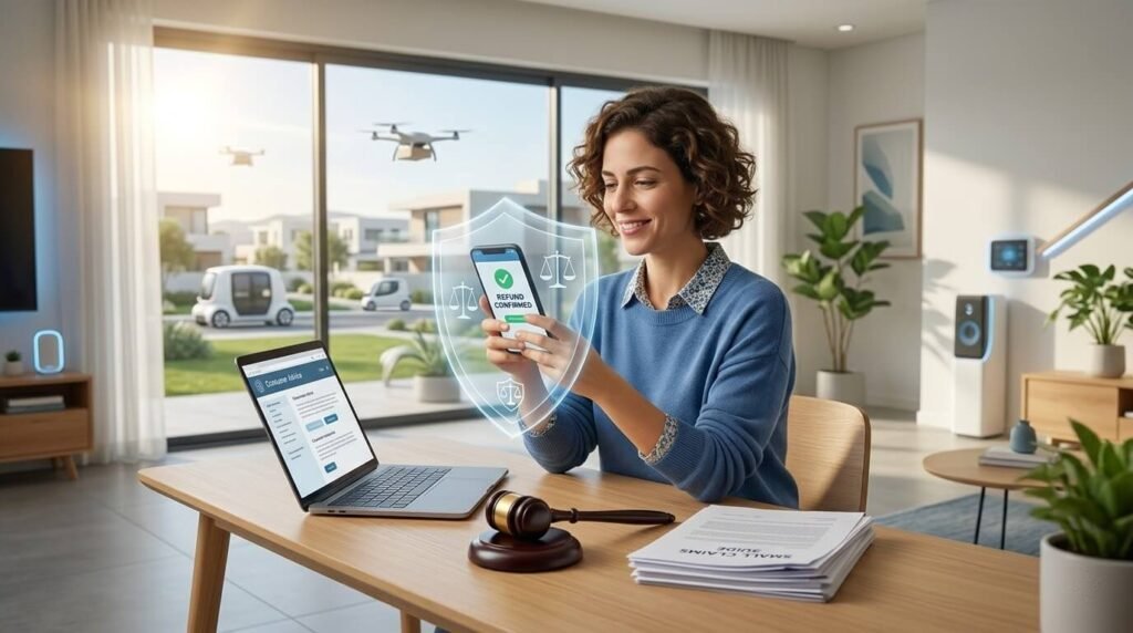 אישה מבוגרת בגילאי ה-30 המאוחרים מחייכת ומחזיקה כוס קפה לצידה של עורכת דין שמחזיקה קלסר מסמכים מסודר ומפתחות במשרד מול בנייני דירות מודרניים.