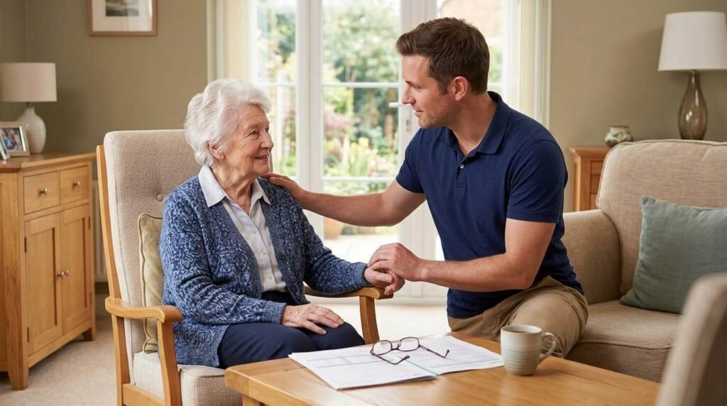 גבר צעיר כורע ומחזיק בידה של אישה מבוגרת יושבת בכורסה בסלון ביתי מואר, עם מסמכים ומשקפיים מונחים על שולחן הקפה לפניהם.