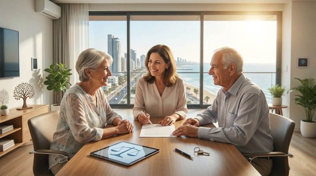 צילום רחב, חם ומואר של סבתא וסבא ישראלים יושבים מול מגשרת מקצועית ומחייכת בחדר גישור מודרני בבת ים בשנת 2026. הם מסתכלים יחד על מסמך פתוח על שולחן העץ, המייצג הסכם הוגן ומרגיע בסכסוך ירושה, וזוג המפתחות לצידו. נוף פנורמי מבעד לחלון. ללא טקסט על התמונה.